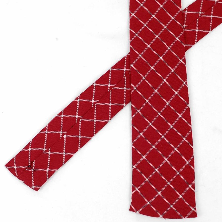 ネクタイ レッド ラインチェック柄・スクエアネクタイ・ナロータイ 大剣幅5.5cm 綿・コットンタッチ、マット |  | 01
