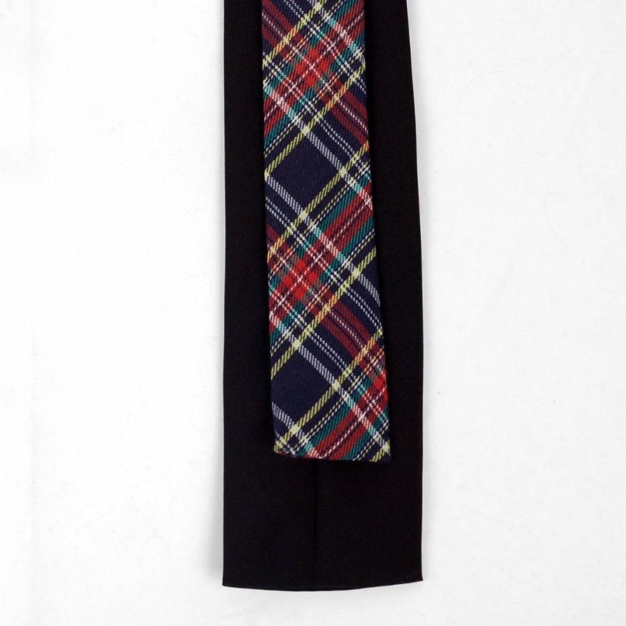 ネクタイ ネイビーブルー＆レッド チェック柄・レイヤード、スクエアネクタイ・ナロータイ 珍しいデザイン 綿・コットンタッチ、マット |  | 01