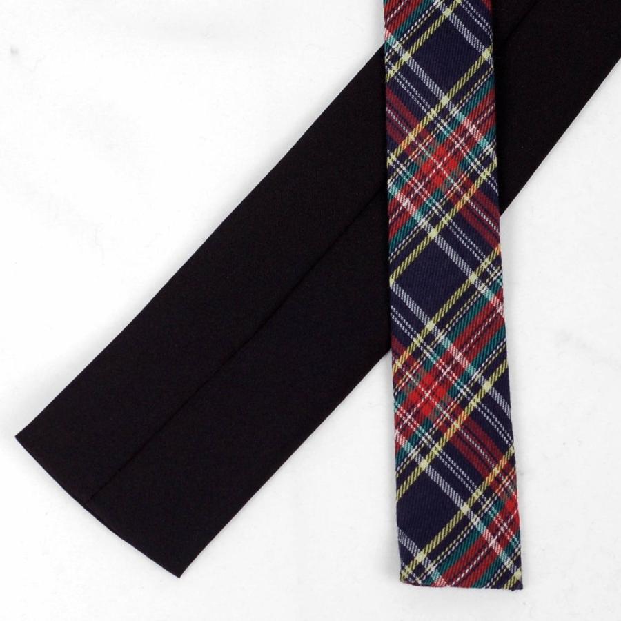 ネクタイ ネイビーブルー＆レッド チェック柄・レイヤード、スクエアネクタイ・ナロータイ 珍しいデザイン 綿・コットンタッチ、マット |  | 02