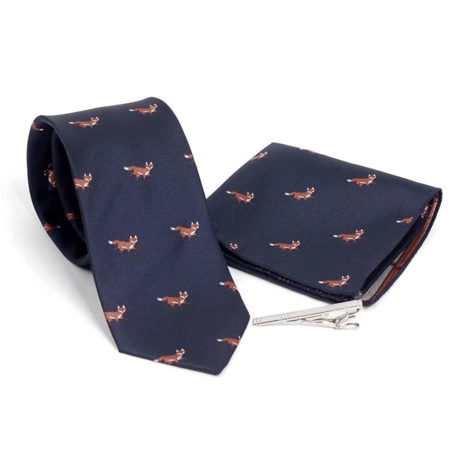 ネクタイ ポケットチーフ ネクタイピン 3点セット メンズ シルク タイ チーフ タイバー キツネ 狐 フォックス 動物 パターン 3色展開 ネイビー グリーン ワイン |  | 08