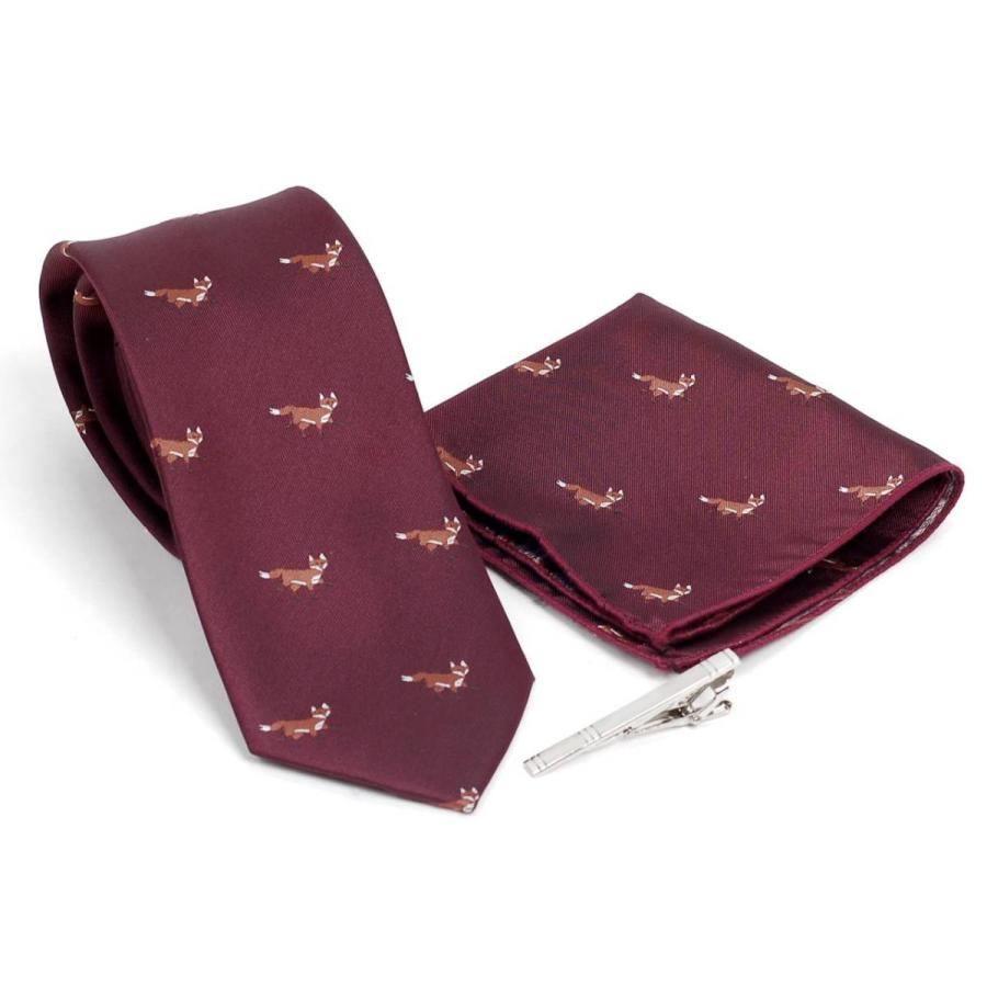 ネクタイ ポケットチーフ ネクタイピン 3点セット メンズ シルク タイ チーフ タイバー キツネ 狐 フォックス 動物 パターン 3色展開 ネイビー グリーン ワイン |  | 10