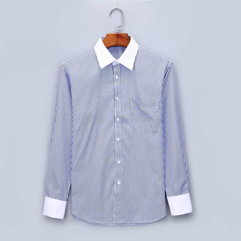 ドレスシャツ メンズ フレンチカフス ワイシャツ 長袖 胸ポケット ノーマルシルエット ネイビー ストライプ ヒッコリーストライプ カフス付き |  | 01