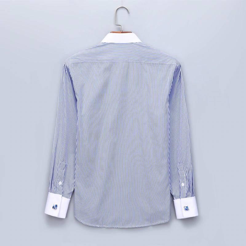 ドレスシャツ メンズ フレンチカフス ワイシャツ 長袖 胸ポケット ノーマルシルエット ネイビー ストライプ ヒッコリーストライプ カフス付き |  | 02