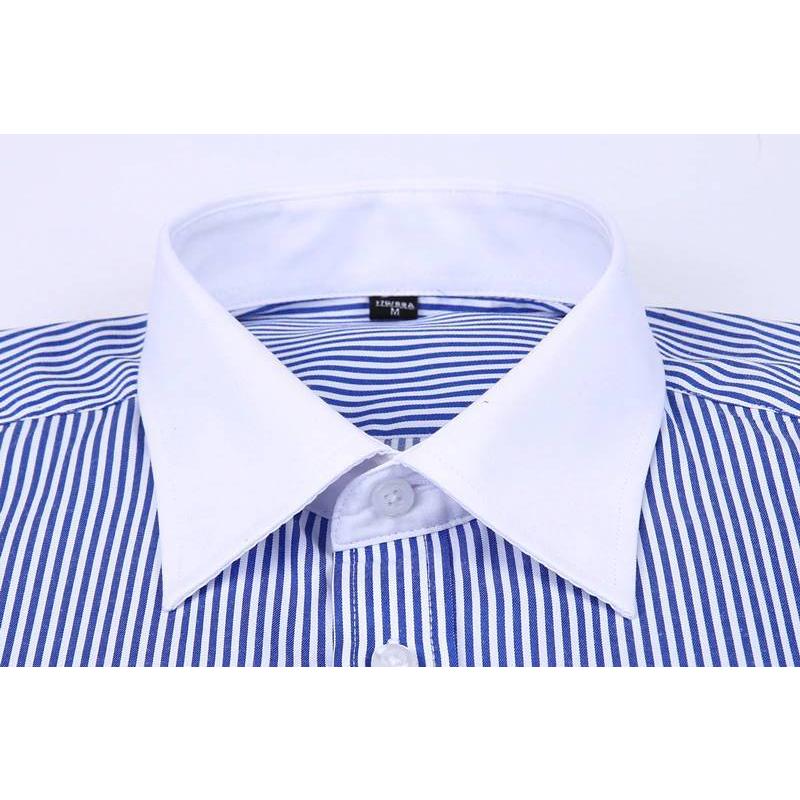 ドレスシャツ メンズ フレンチカフス ワイシャツ 長袖 胸ポケット ノーマルシルエット ネイビー ストライプ ヒッコリーストライプ カフス付き |  | 04