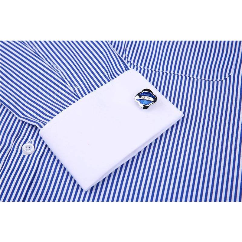 ドレスシャツ メンズ フレンチカフス ワイシャツ 長袖 胸ポケット ノーマルシルエット ネイビー ストライプ ヒッコリーストライプ カフス付き |  | 06