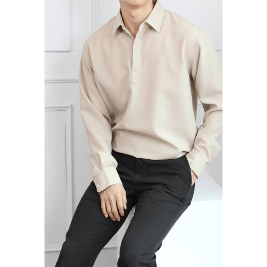 カジュアル ダンディルック シャツ 長袖 韓国ファッション デイリーシャツ ポロシャツ 基本 シンプルシャツ ビジネス メンズ 楽なフィット感 隠しボタン |  | 09