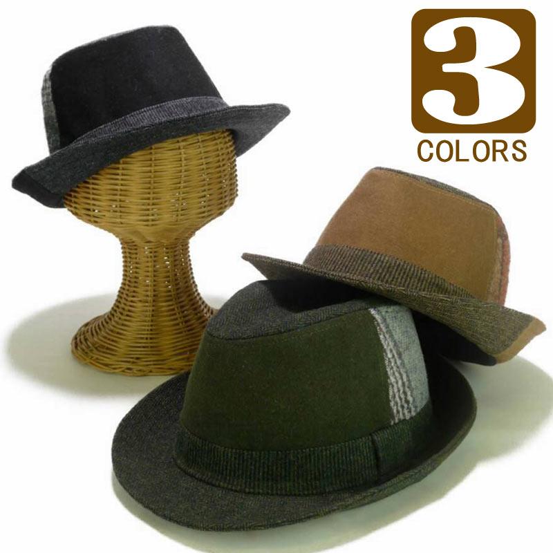 [2022秋冬] 中折れハット 帽子 コーデュロイ ヘリンボーン柄 ウール パッチワーク メンズ レディース 男女兼用 帽子 58cm フリー サイズ 微調整可能 | 