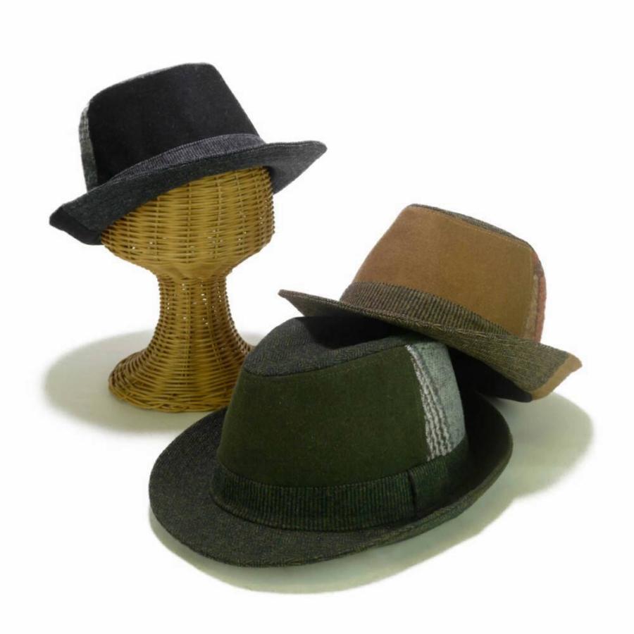 [2022秋冬] 中折れハット 帽子 コーデュロイ ヘリンボーン柄 ウール パッチワーク メンズ レディース 男女兼用 帽子 58cm フリー サイズ 微調整可能 |  | 01