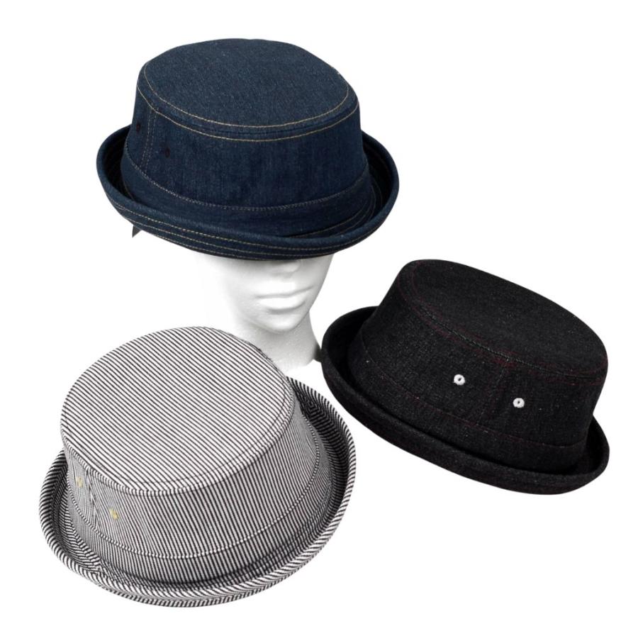 ポークパイハット デニム生地 帽子 メンズ レディース ハット帽 男女兼用 帽子 58cm フリーサイズ Ruben ストライプ、ネイビー、ブラック　3色 | 