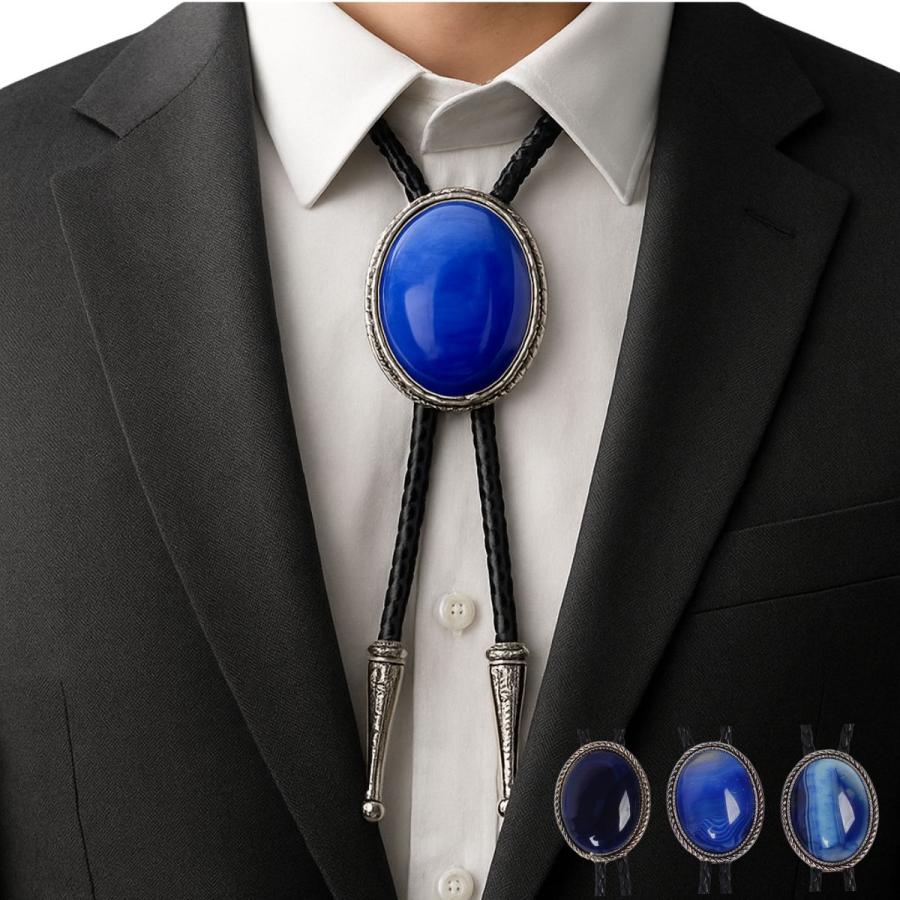 ループタイ メンズ ボロタイ ビッグ ナチュラル ストーン ネクタイ代わり ブルー系ストーン オーバル ストーン 編み紐 ウエスタン ロック付 送料無料 男女兼用 | 