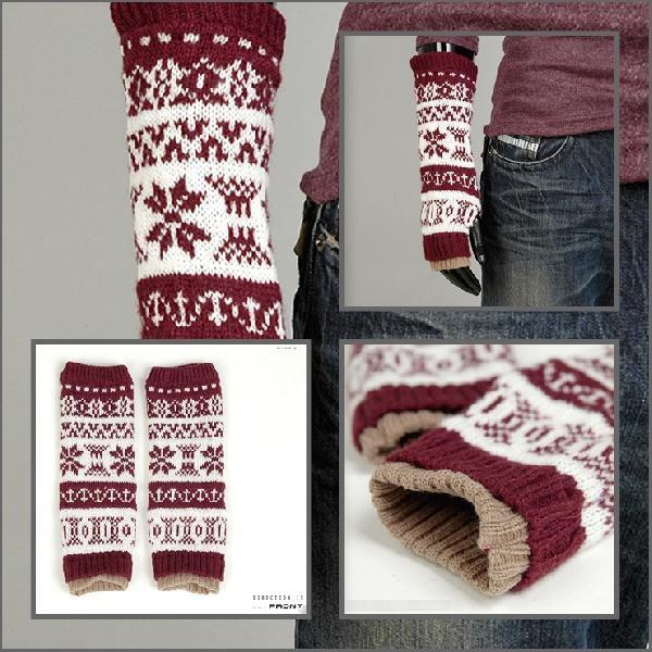 アームウォーマー ニット 男女兼用 指先が自由に使える あったか 手袋 雪花柄 結晶柄 冬 スノー柄 ブラック、グレー、赤、ブラウン ５カラー ロング wmr01 |  | 02