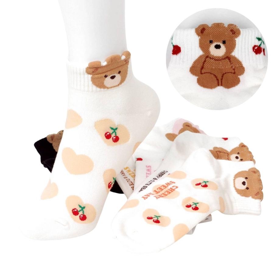 ソックス 5足セット 靴下 アンクルソックス レディース かわいい クマ柄 韓国製 アンクルソックス（クマ＆チェリー）おしゃれ プレゼント ギフト 送料無料 |  | 01