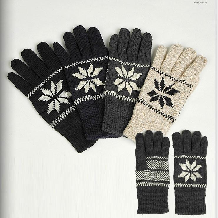 手袋 メンズ 温かい 起毛素材 内側 冬の雪結晶 雪柄 デザイン 男性 グローブ アクリル ニット 手袋 防寒 防風 ブラック ネイビー ベージュ ダークグレー ４色 | 
