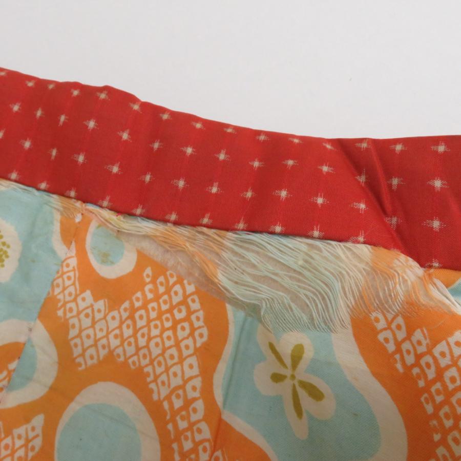 アンティーク　銘仙　正絹　長羽織　縞柄　海老茶色 銘仙 長羽織 正絹 変わり市松 金茶 大正ロマン アンティーク着物