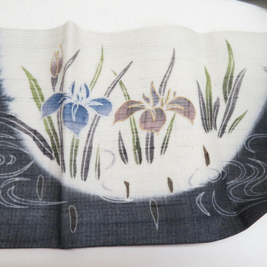 名古屋帯 夏用 紗紬 菖蒲文様 正絹 九寸帯 お太鼓柄 黒白色 芯入り  