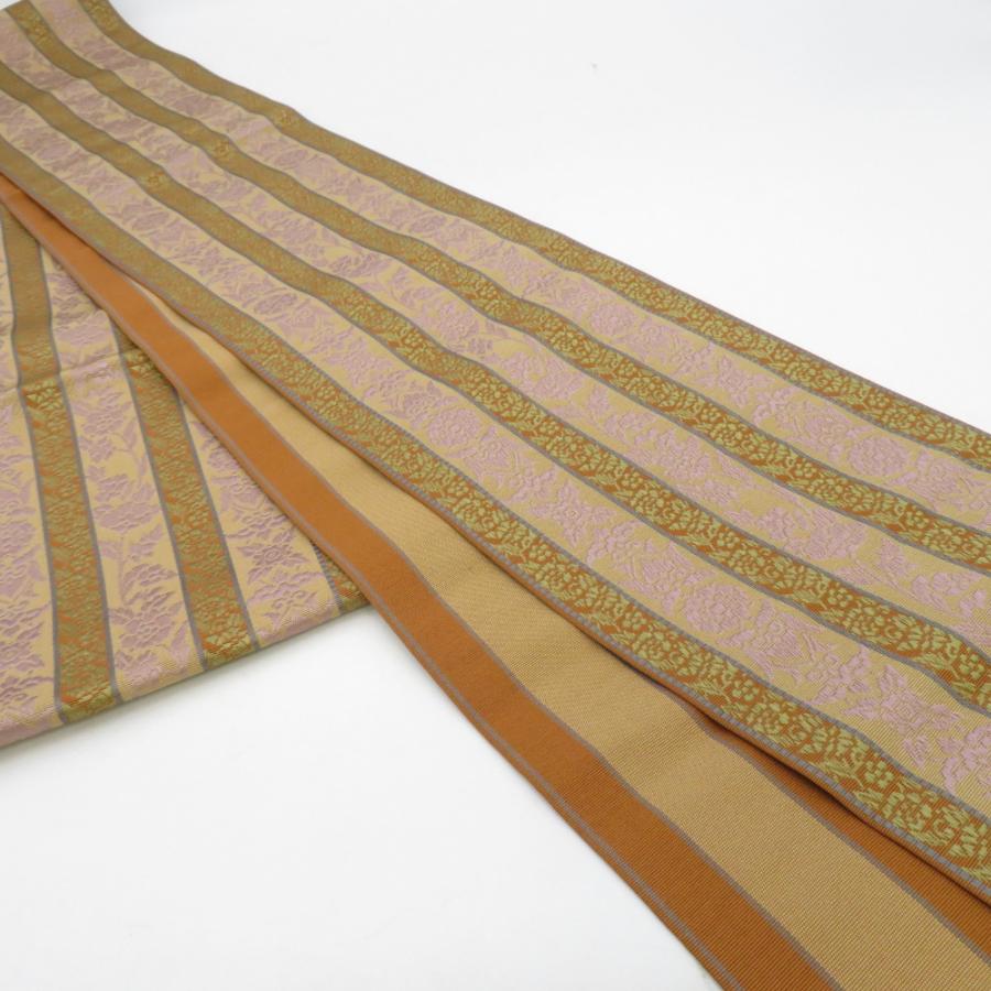 本場筑前博多織 半幅帯 井上絹織 紋織 花唐草 正絹 証紙付き 茶色 半巾帯 小袋帯 長さ352cm |  | 01