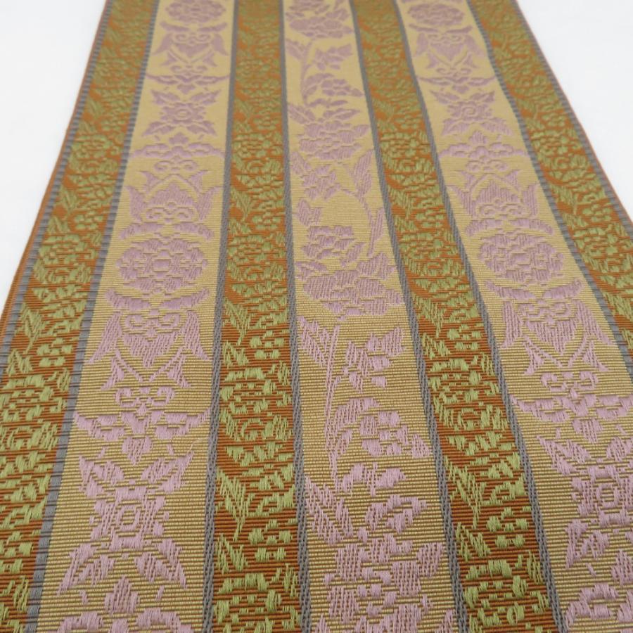 本場筑前博多織 半幅帯 井上絹織 紋織 花唐草 正絹 証紙付き 茶色 半巾帯 小袋帯 長さ352cm |  | 02