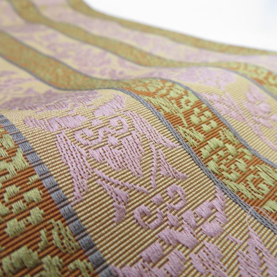 本場筑前博多織 半幅帯 井上絹織 紋織 花唐草 正絹 証紙付き 茶色 半巾帯 小袋帯 長さ352cm |  | 03