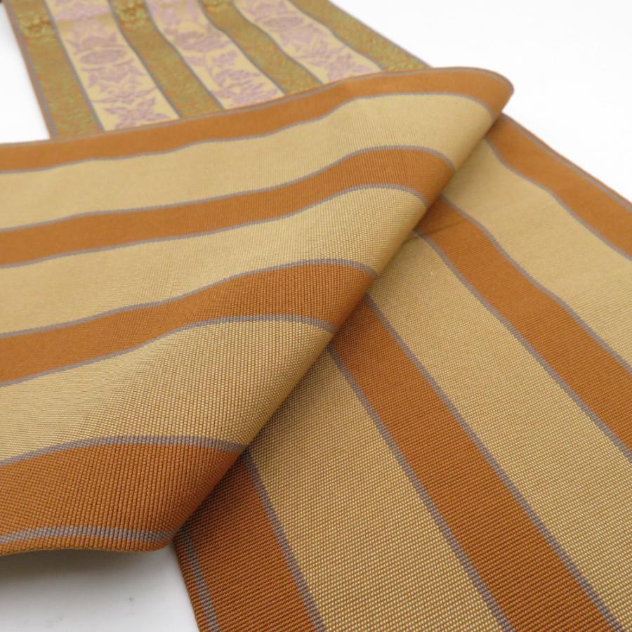 本場筑前博多織 半幅帯 井上絹織 紋織 花唐草 正絹 証紙付き 茶色 半巾帯 小袋帯 長さ352cm |  | 04