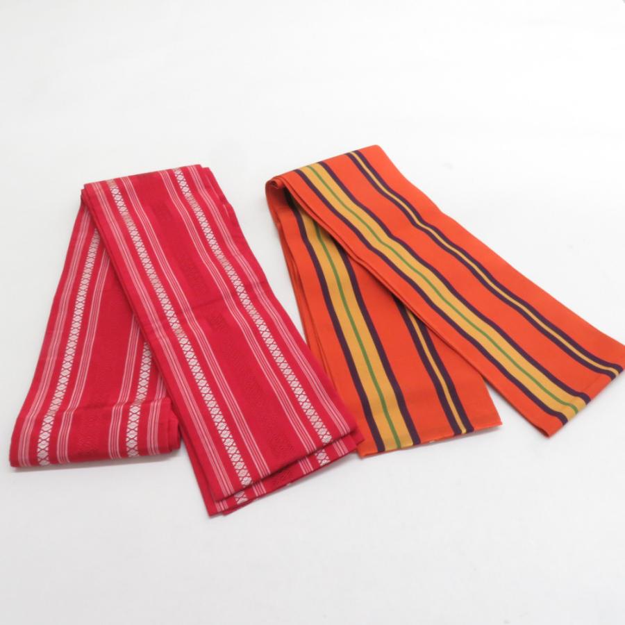博多織 半幅帯 2本セット 献上柄 縞 赤色 x 橙色 正絹 半巾帯 小袋帯 長さ350cm | 