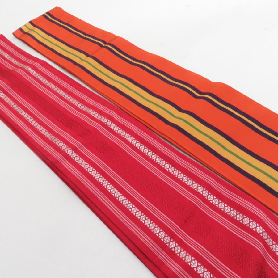 博多織 半幅帯 2本セット 献上柄 縞 赤色 x 橙色 正絹 半巾帯 小袋帯 長さ350cm |  | 01