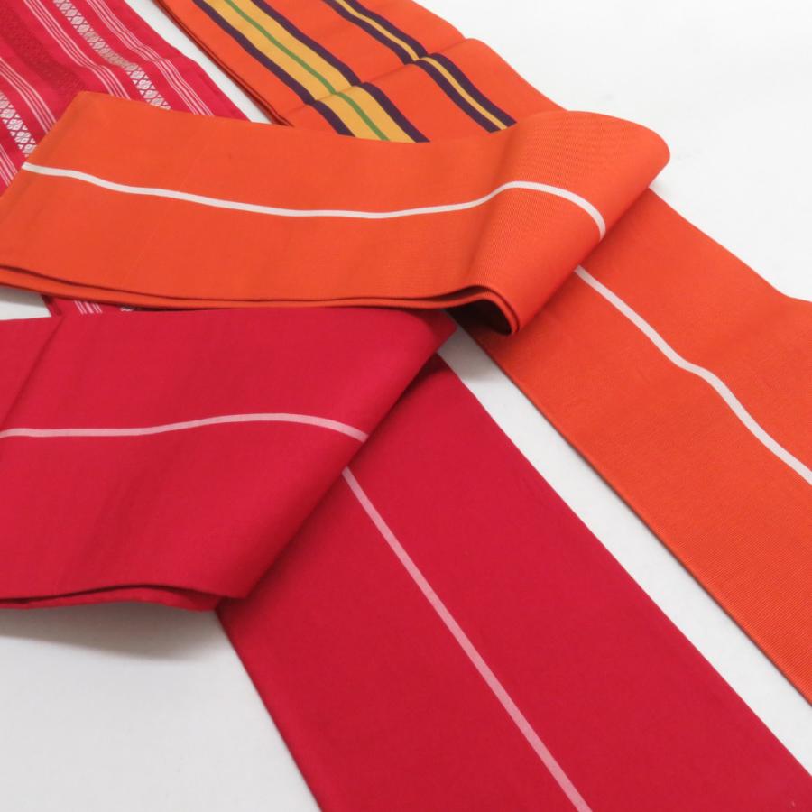 博多織 半幅帯 2本セット 献上柄 縞 赤色 x 橙色 正絹 半巾帯 小袋帯 長さ350cm |  | 02