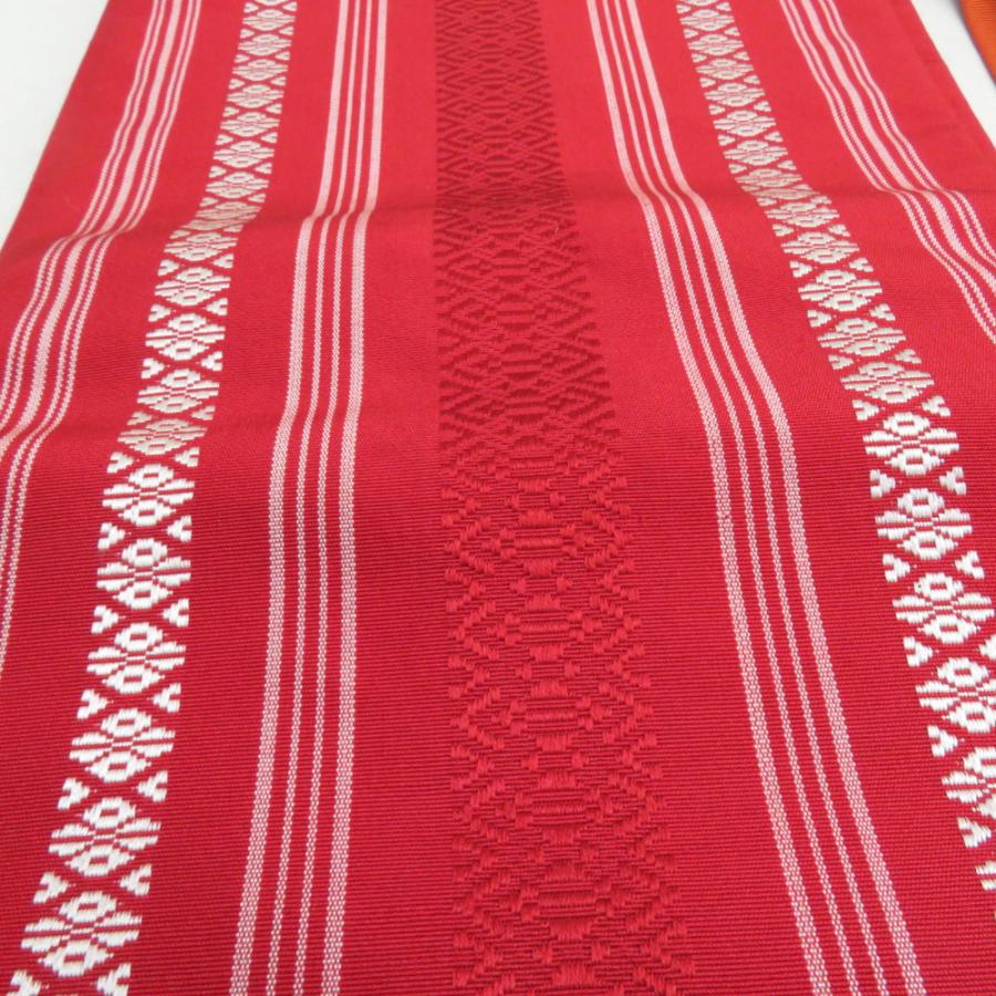 博多織 半幅帯 2本セット 献上柄 縞 赤色 x 橙色 正絹 半巾帯 小袋帯 長さ350cm |  | 04