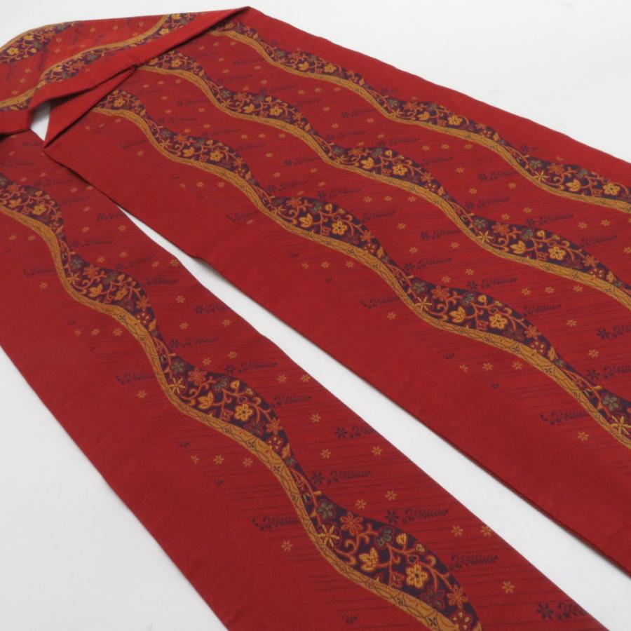 名古屋帯 ポリエステル 赤茶色 立涌更紗文様 九寸帯 全通柄 カジュアル