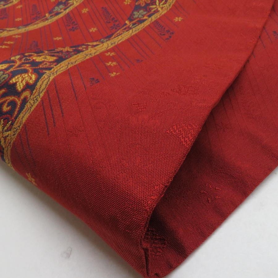 名古屋帯 ポリエステル 赤茶色 立涌更紗文様 九寸帯 全通柄 カジュアル