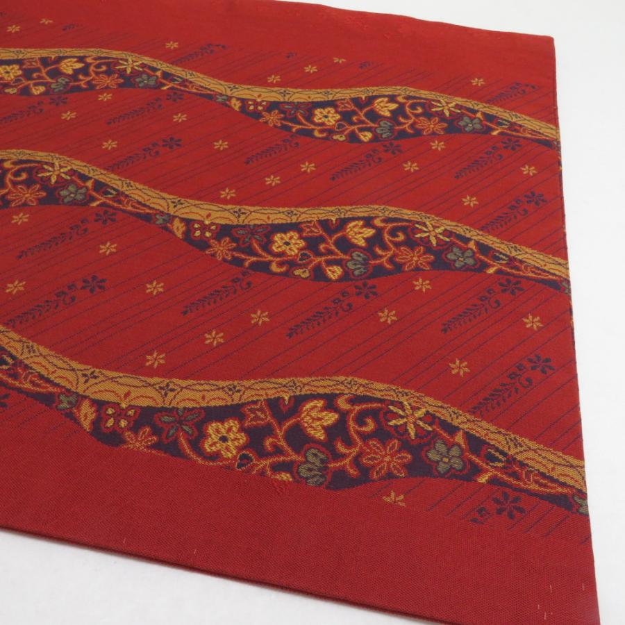 名古屋帯 ポリエステル 赤茶色 立涌更紗文様 九寸帯 全通柄 カジュアル