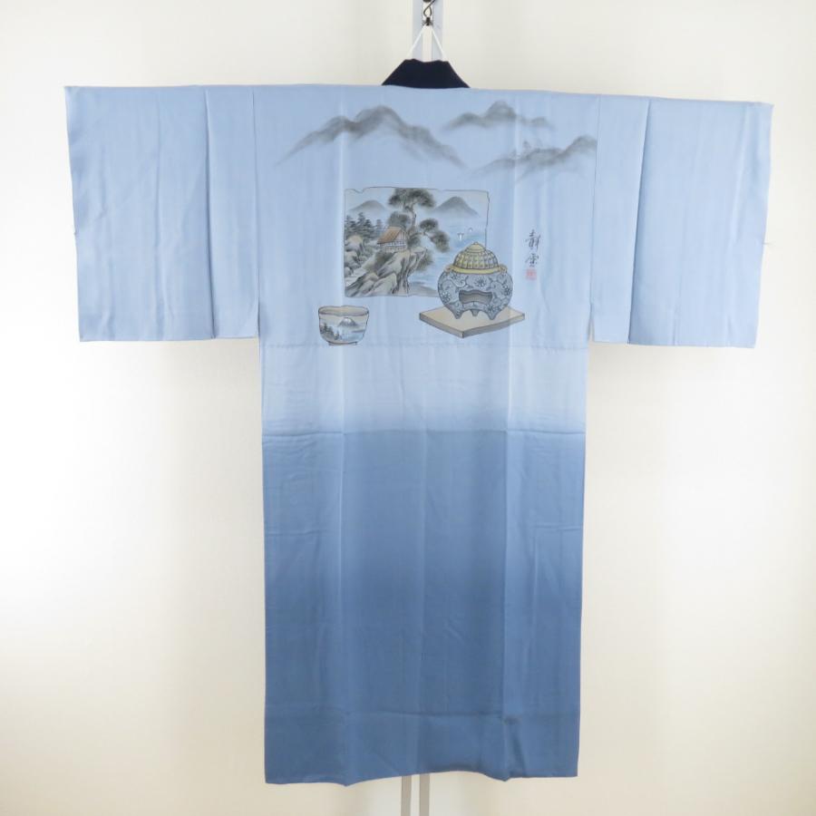襦袢 正絹 男性用 茶屋辻に壺 灰青色 袷 長襦袢 メンズ 着物用 身丈132cm | 