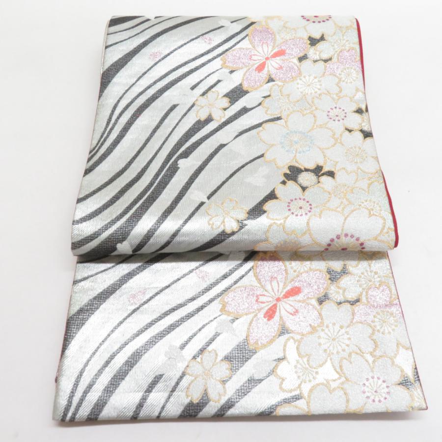 袋帯 振袖用 桜文様 銀色 金糸 銀糸 ラメ糸 六通柄 正絹 仕立て上がり