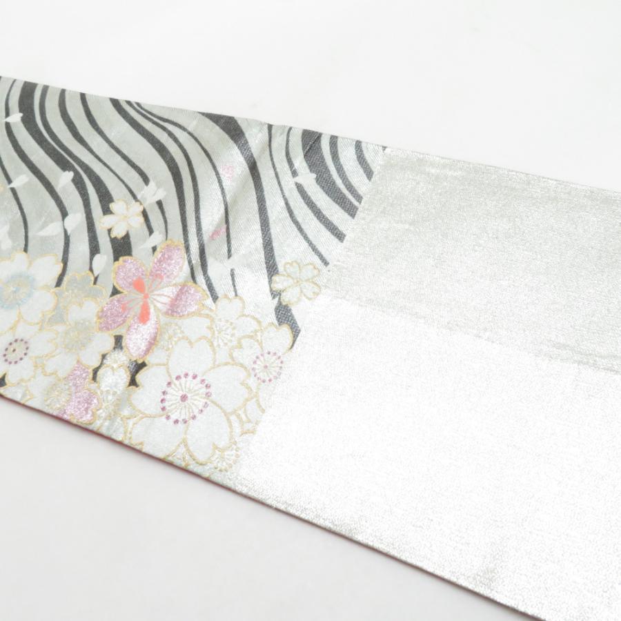 袋帯 振袖用 桜文様 銀色 金糸 銀糸 ラメ糸 六通柄 正絹 仕立て上がり