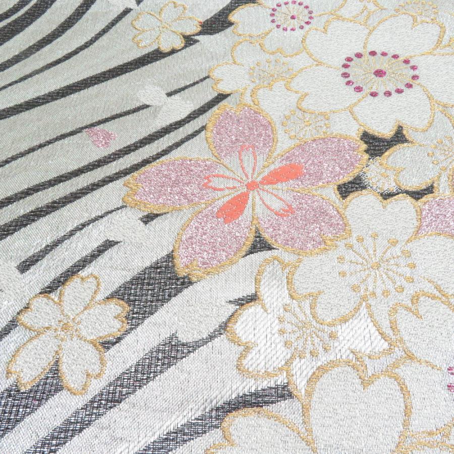 袋帯 振袖用 桜文様 銀色 金糸 銀糸 ラメ糸 六通柄 正絹 仕立て上がり