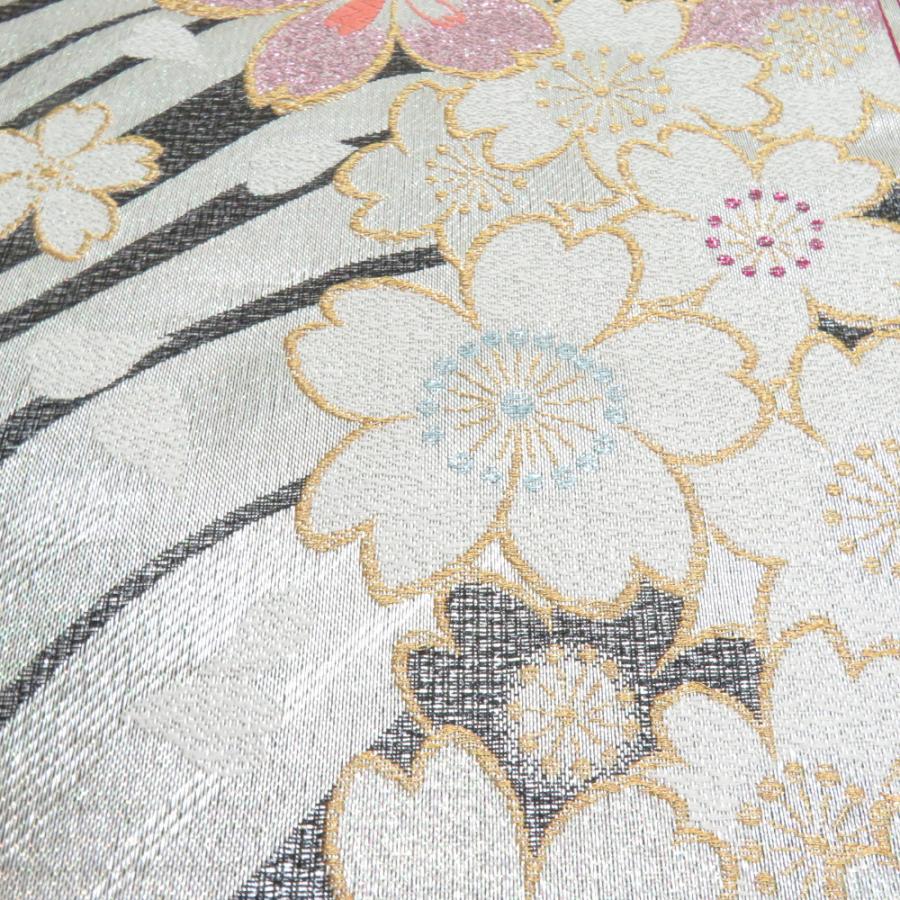 袋帯 振袖用 桜文様 銀色 金糸 銀糸 ラメ糸 六通柄 正絹 仕立て上がり