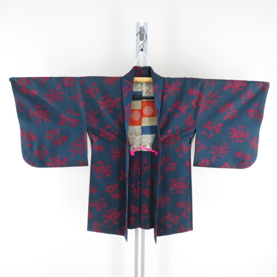 羽織 アンティーク 昔羽織 御召 長羽織 正絹 紺色 花文様 レトロ 大正