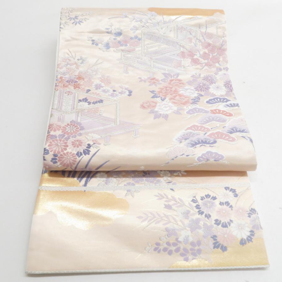 袋帯 御所解文様 ベージュ色 金糸 六通柄 正絹 礼装 フォーマル 着物帯 長さ428cm | 