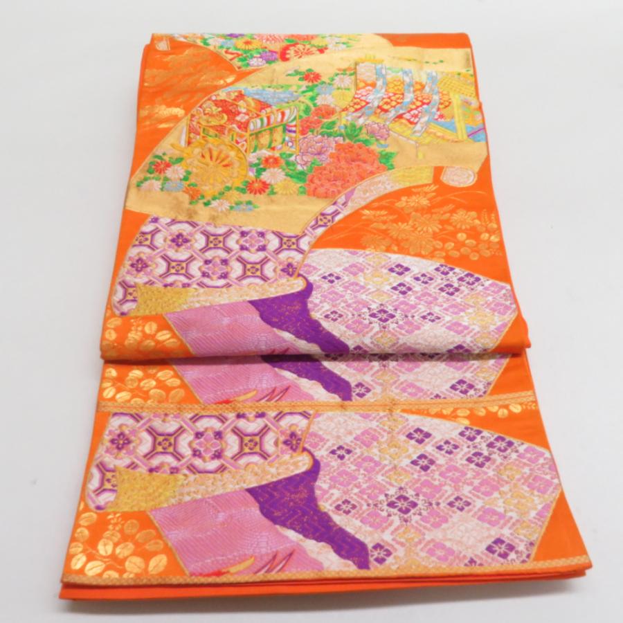 袋帯 扇面御所車文 橙色 金糸 六通柄 正絹 礼装 フォーマル 着物帯 長さ426cm | 
