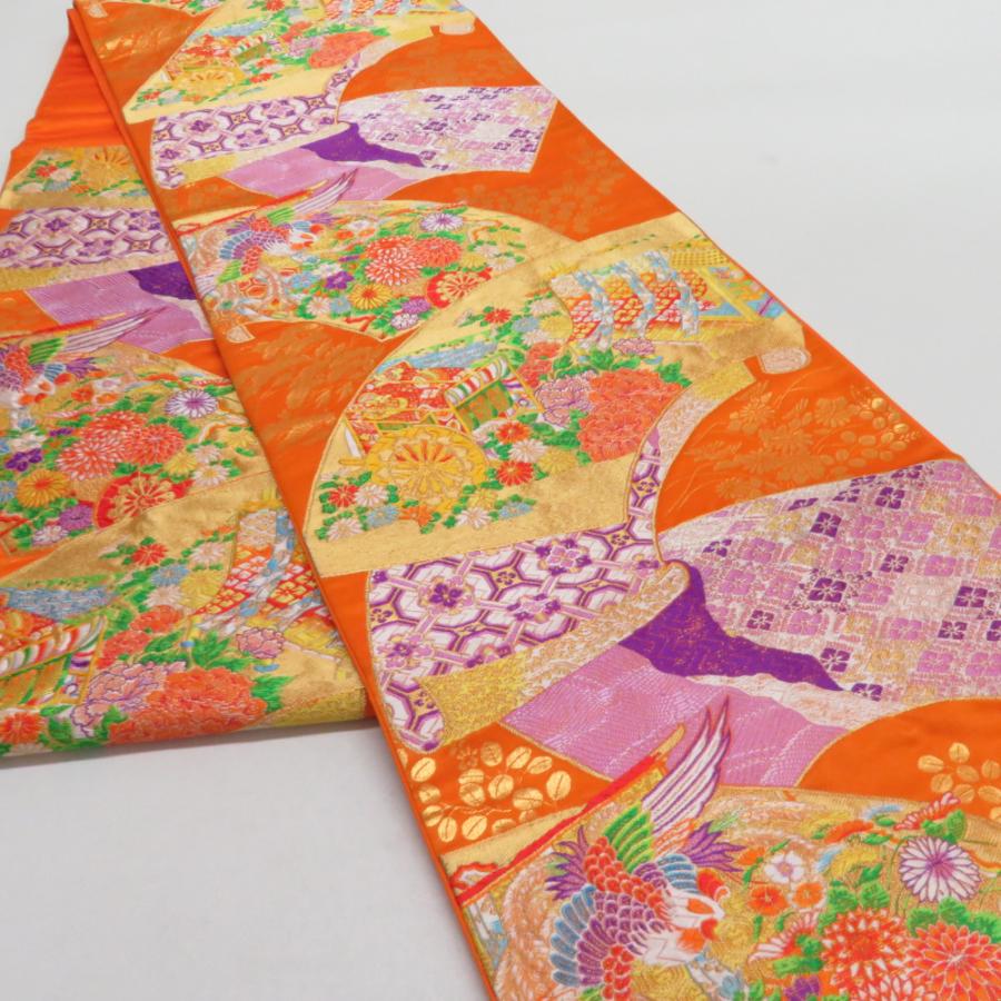 袋帯 扇面御所車文 橙色 金糸 六通柄 正絹 礼装 フォーマル 着物帯 長さ426cm |  | 01