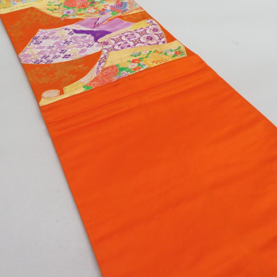 袋帯 扇面御所車文 橙色 金糸 六通柄 正絹 礼装 フォーマル 着物帯 長さ426cm |  | 02