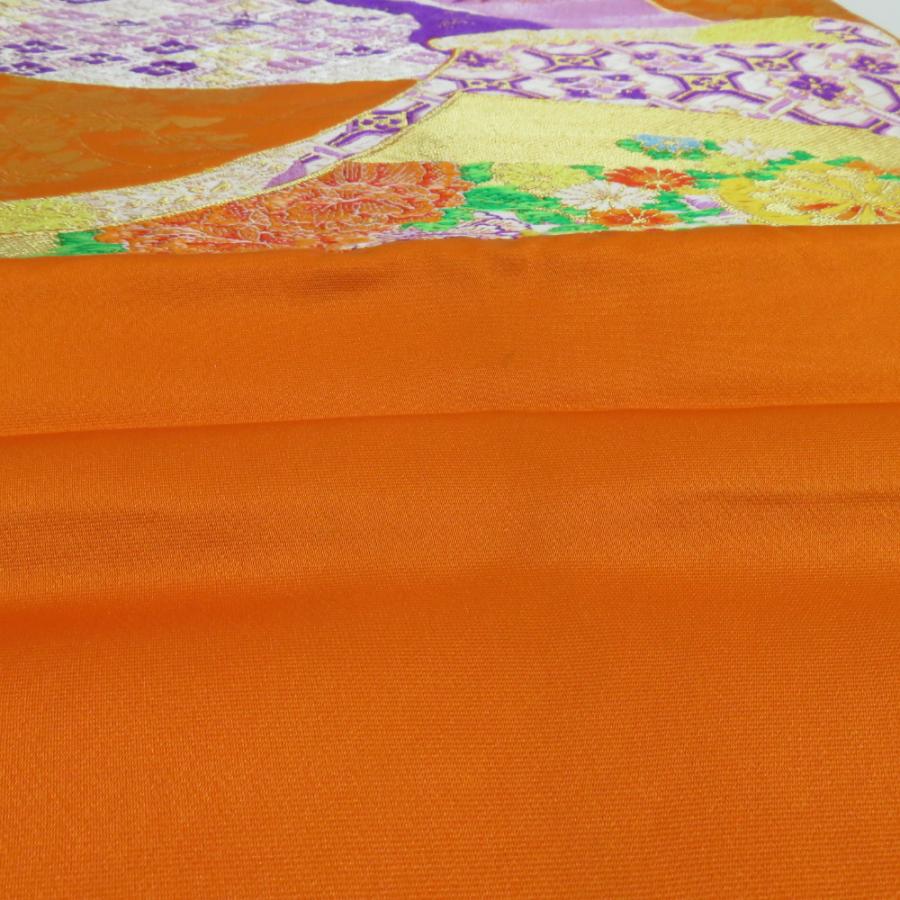 袋帯 扇面御所車文 橙色 金糸 六通柄 正絹 礼装 フォーマル 着物帯 長さ426cm |  | 03