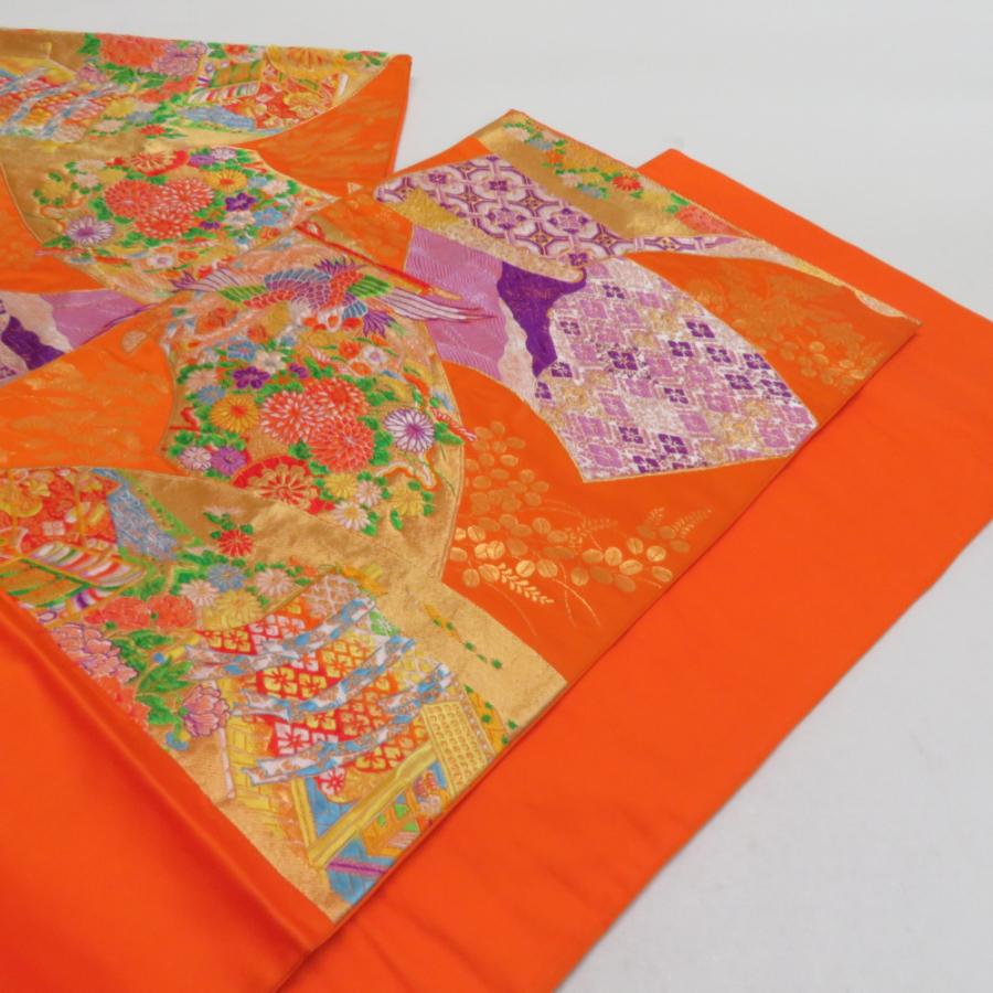 袋帯 扇面御所車文 橙色 金糸 六通柄 正絹 礼装 フォーマル 着物帯 長さ426cm |  | 04