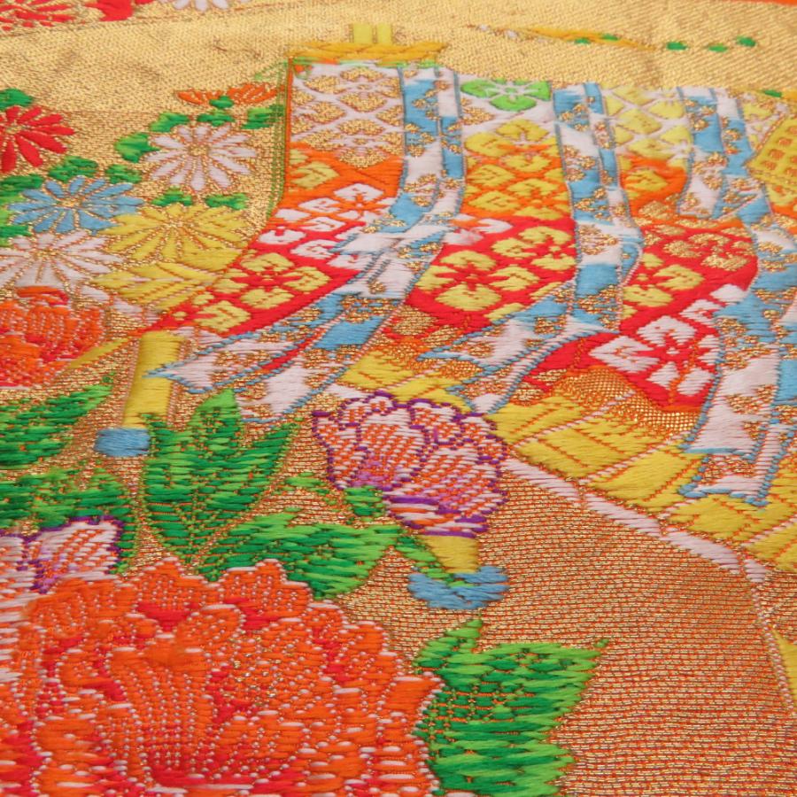 袋帯 扇面御所車文 橙色 金糸 六通柄 正絹 礼装 フォーマル 着物帯 長さ426cm |  | 06