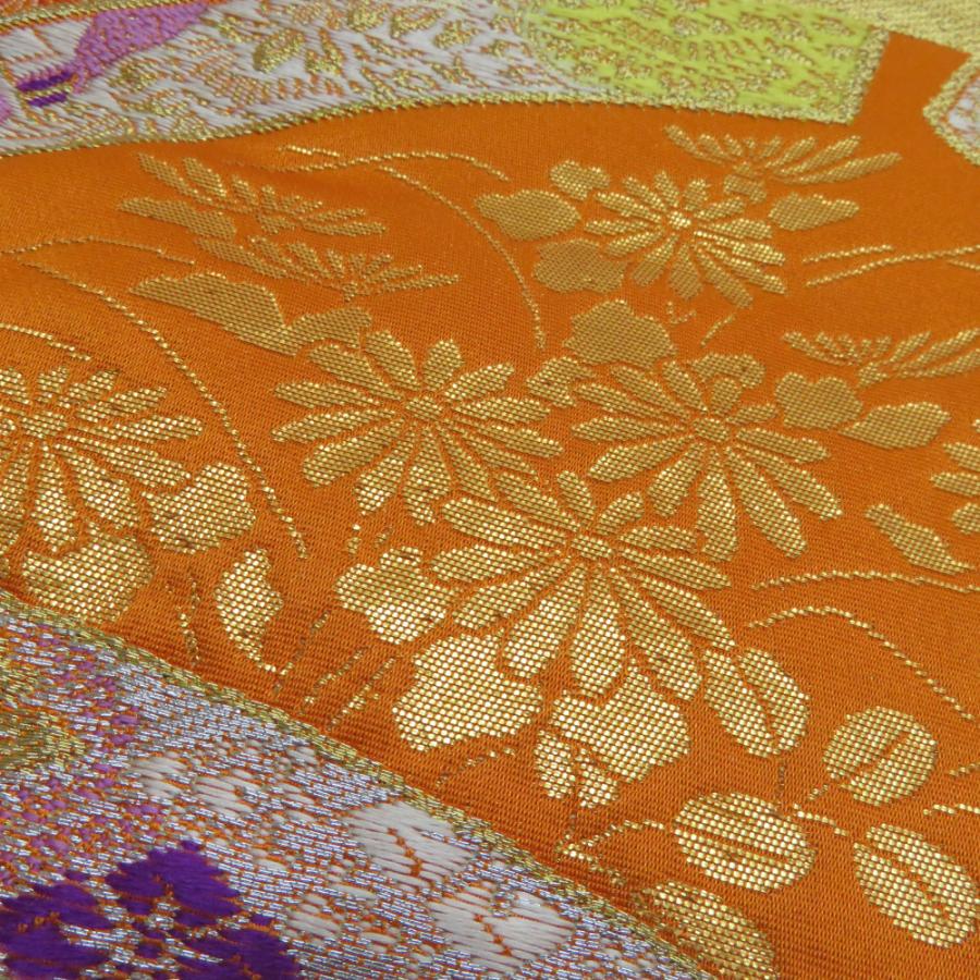 袋帯 扇面御所車文 橙色 金糸 六通柄 正絹 礼装 フォーマル 着物帯 長さ426cm |  | 08