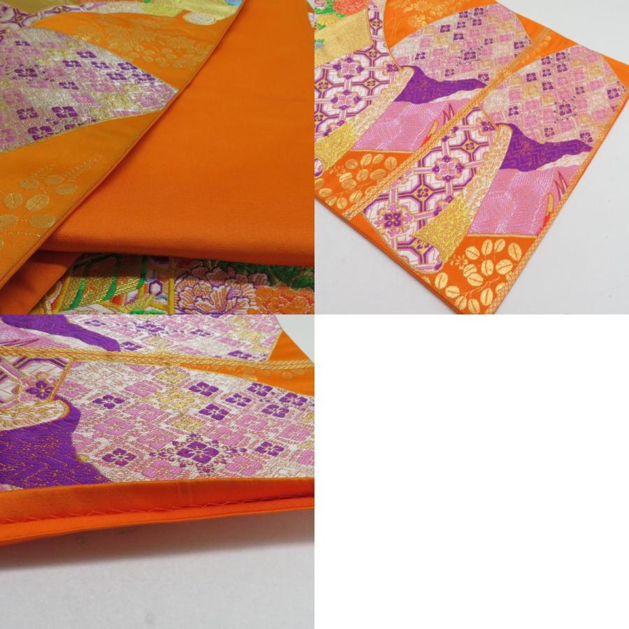 袋帯 扇面御所車文 橙色 金糸 六通柄 正絹 礼装 フォーマル 着物帯 長さ426cm |  | 09