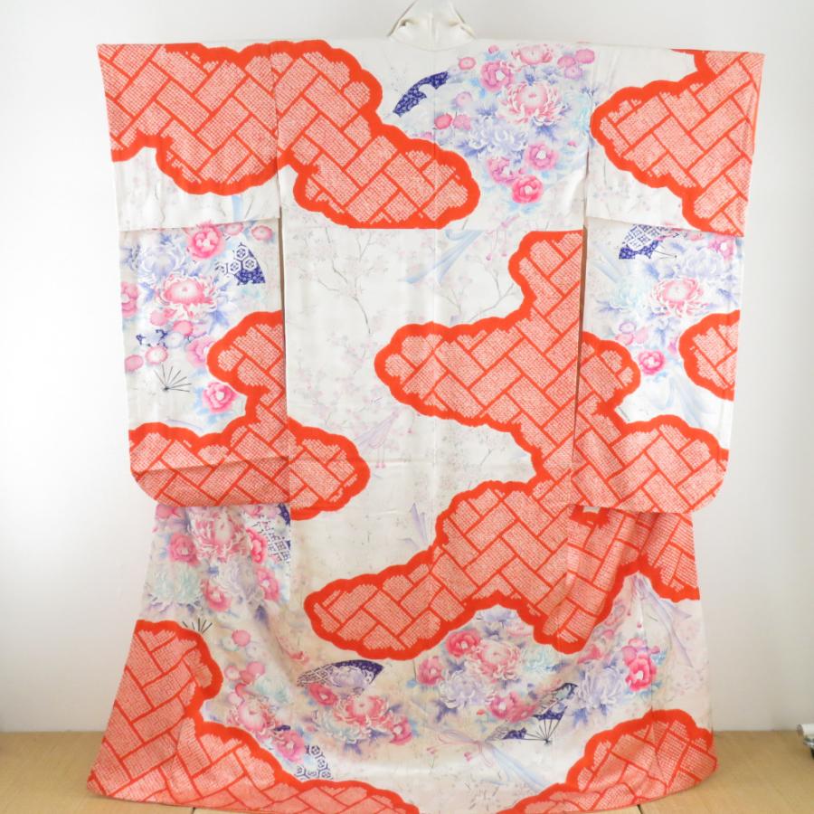 振袖 絞り 花文様 亀甲地紋 橙色 白色 正絹 袷 広衿 成人式 卒業式 フォーマル 身丈168cm | 