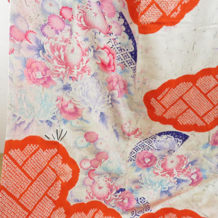 振袖 絞り 花文様 亀甲地紋 橙色 白色 正絹 袷 広衿 成人式 卒業式 フォーマル 身丈168cm |  | 01