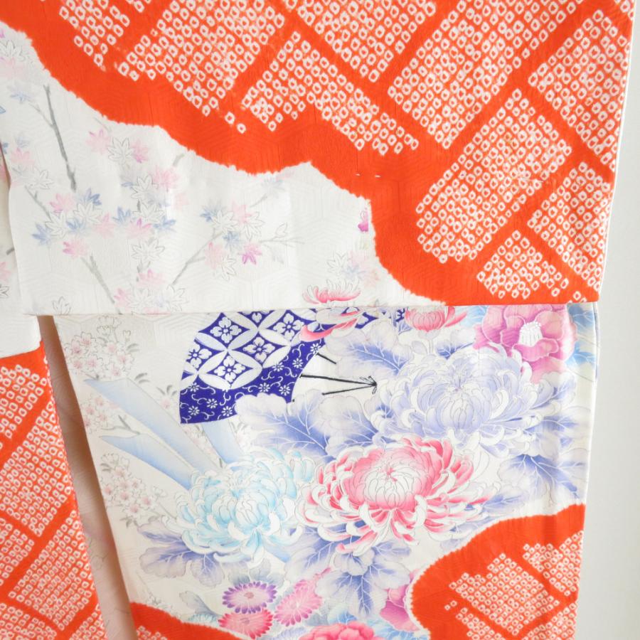 振袖 絞り 花文様 亀甲地紋 橙色 白色 正絹 袷 広衿 成人式 卒業式 フォーマル 身丈168cm |  | 04