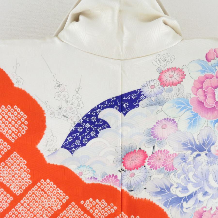 振袖 絞り 花文様 亀甲地紋 橙色 白色 正絹 袷 広衿 成人式 卒業式 フォーマル 身丈168cm |  | 05