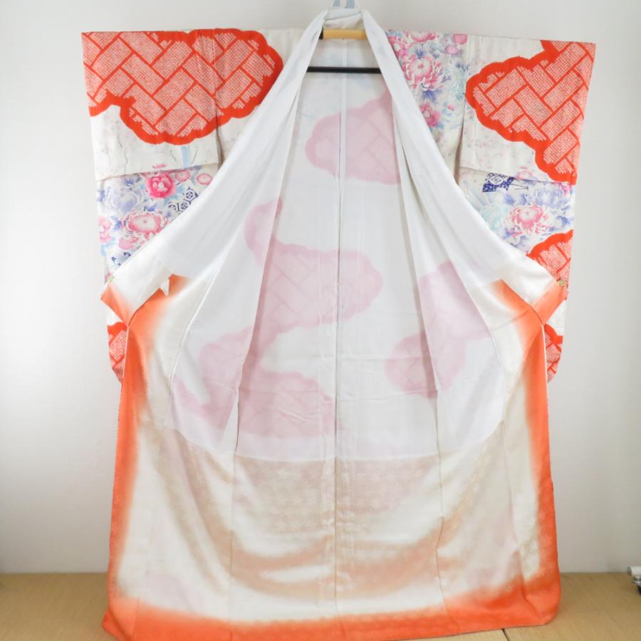 振袖 絞り 花文様 亀甲地紋 橙色 白色 正絹 袷 広衿 成人式 卒業式 フォーマル 身丈168cm |  | 06